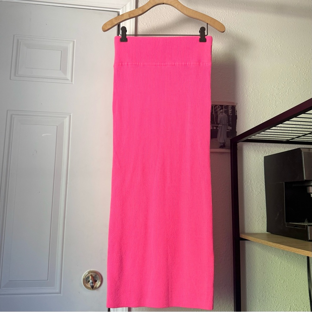 NWT ESSENTIEL ANTWERP neon pink bodycon rib ribbed knit wool midi maxi skirt